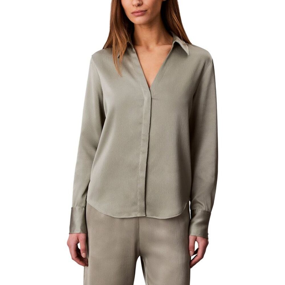 Calvin Klein Womens  Hammered Satin Fitted Shirt, Grey